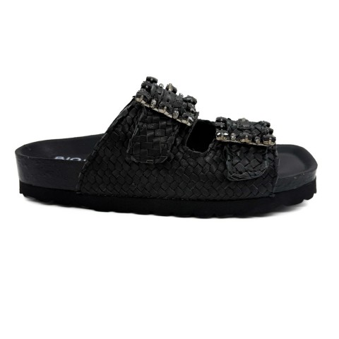 Sandalo intrecciato pelle nero con fibbie larghe donna Bio Bio