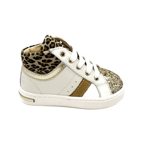 Scarpina pelle bianca super soft con glitter e animalier bambina Walkey