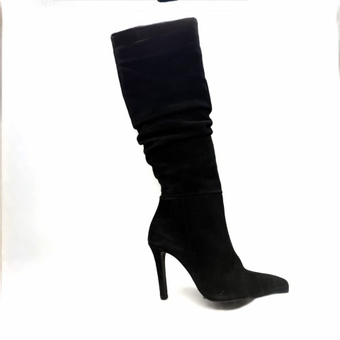 Stivale camoscio nero alto con tacco sottile donna Lace up