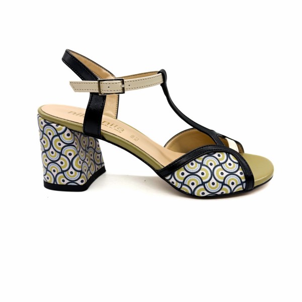 Sandalo con tacco largo pelle verde beige e nero donna Nila & Nila