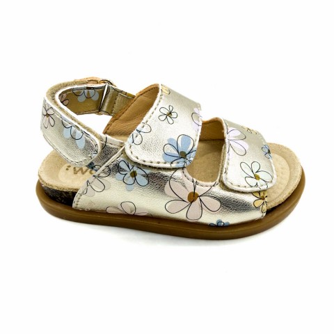 Sandalo pelle platino stampa floreale bambina Walkey