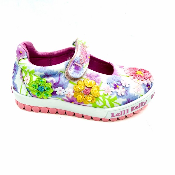 Scarpa ballerina bianca e rosa con velcro in tela decorata bambina Lelli Kelly