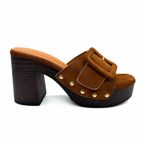 Sandalo zoccolo plateau tacco largo alto marrone donna Kharisma