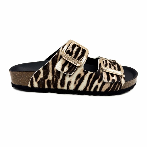 Ciabatta doppia fascia animalier marrone donna Grunland