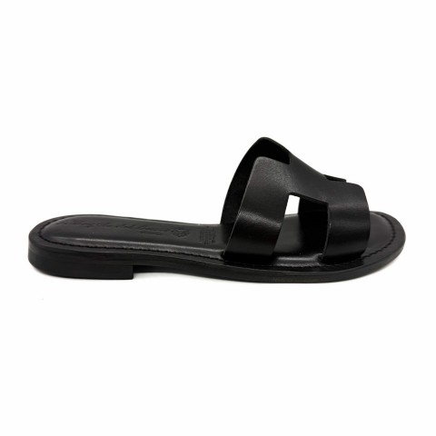Sandalo a fascia pelle nero con taglio "H" donna Angolo del Cuoio