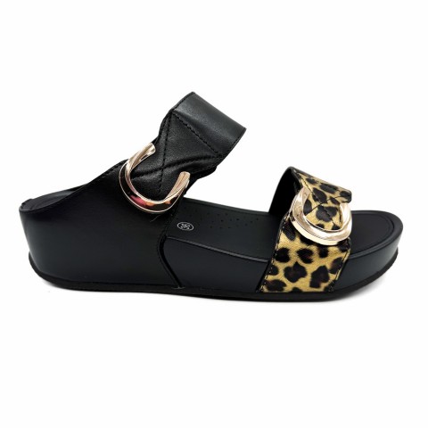 Ciabatta nera con fascia animalier donna Grunland